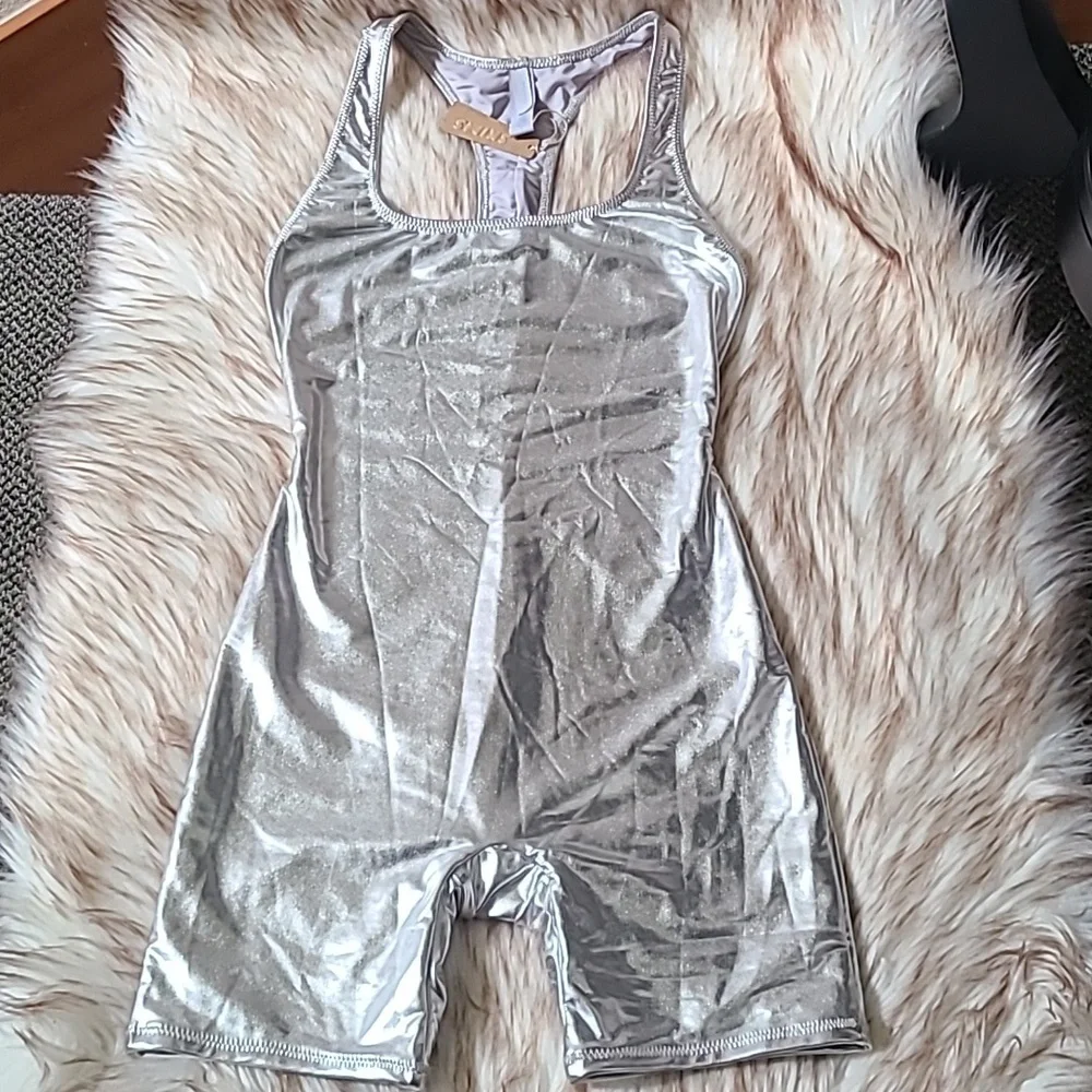 NWT SKIMS Metallic Swim Cycle Suit Size S Nickel